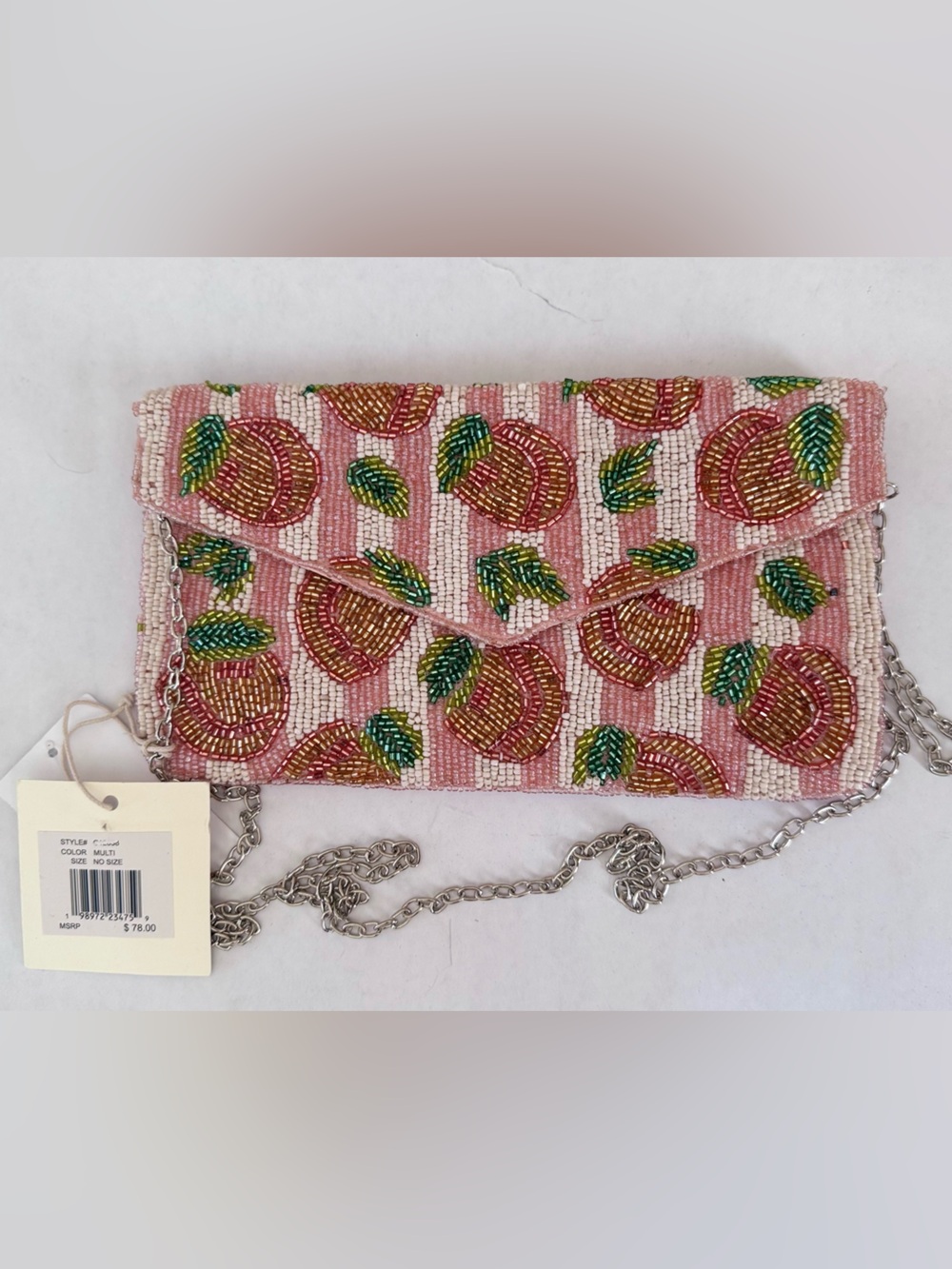 Beaded Pink and White Striped Peach Pattern Crossbody or Clutch Bag - Pink